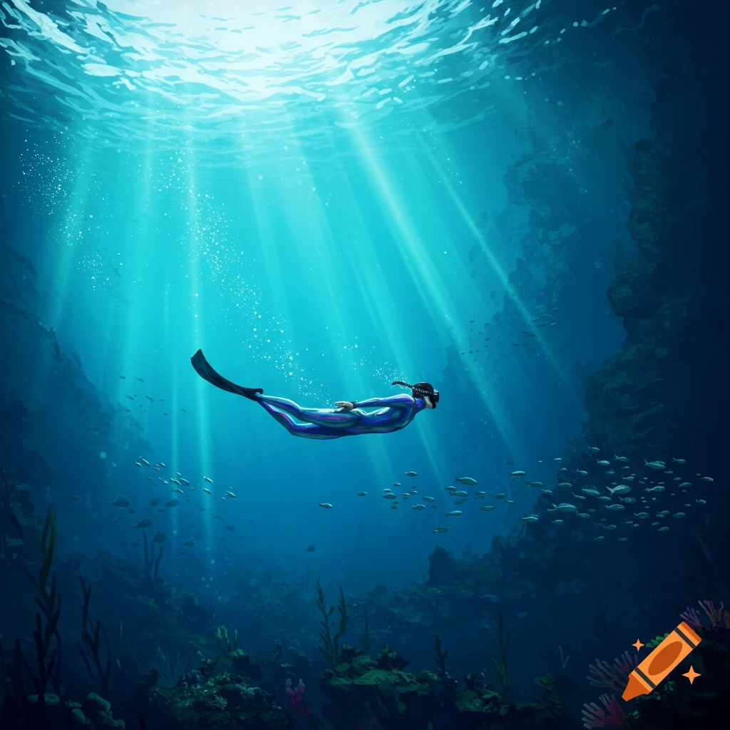 A freediver in a blue wetsuit swims through a vibrant blue ocean, illuminated by sun rays, with schooling fish and coral reefs.