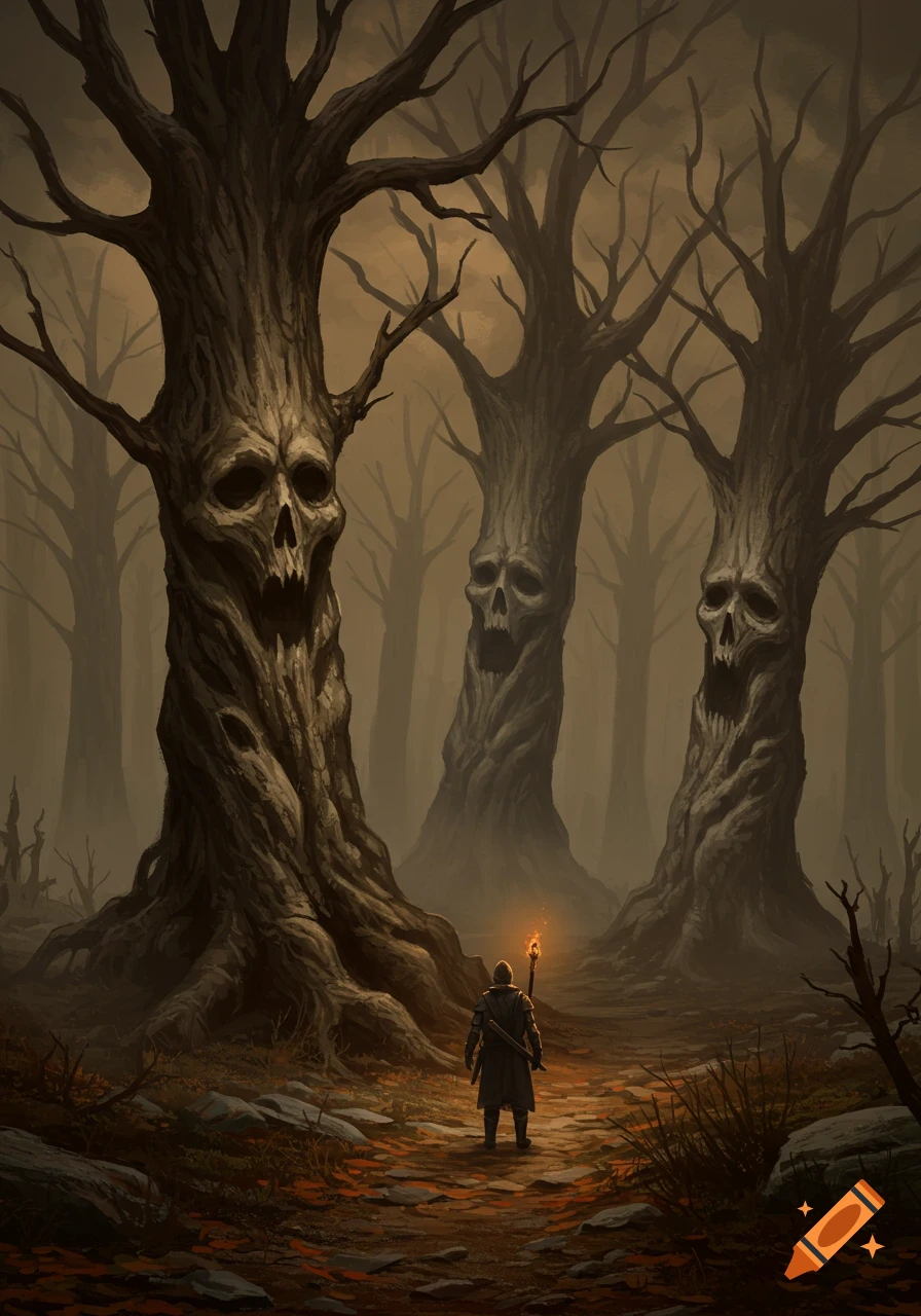 A lone figure with a torch walks through a dark, scary forest dominated by three gnarled trees with skull faces in a dark fantasy art style.