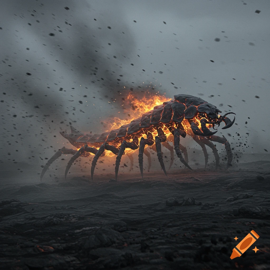 A fiery, segmented ash crawler monster with many legs, emerging from a smoky, desolate landscape under a stormy sky.