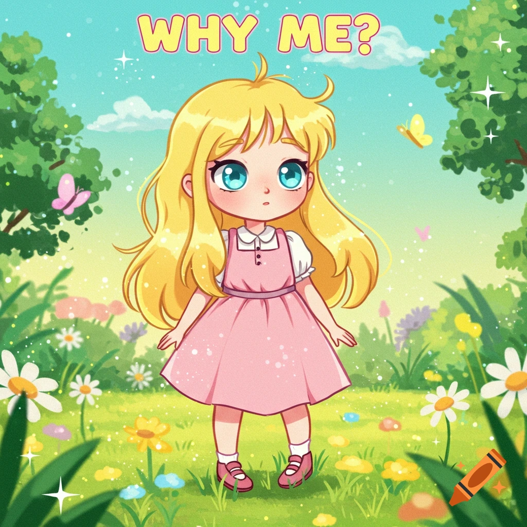 A cute blonde anime girl with big blue eyes stands in a vibrant green flowery field under a blue sky, with the text 'WHY ME?' above her head.