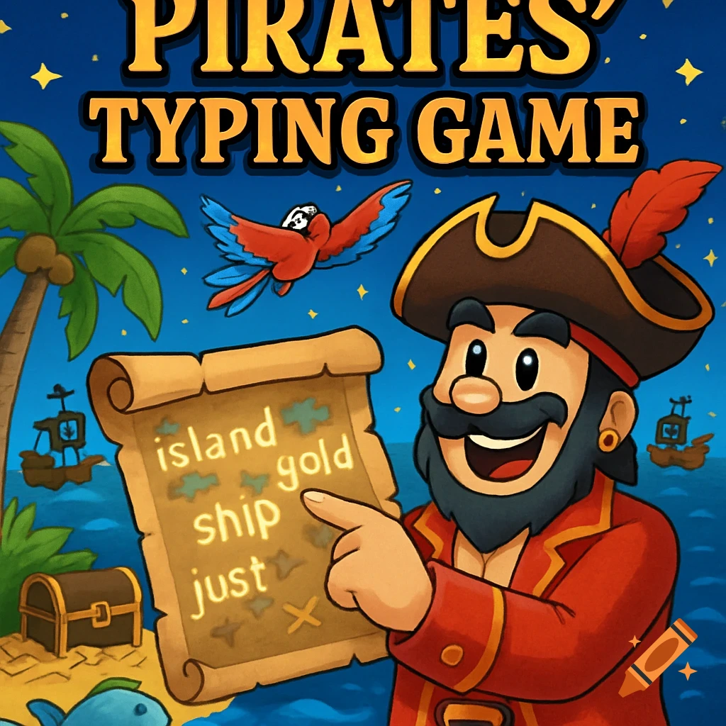 A cartoon pirate with a beard points at a scroll displaying words like 'island' and 'gold' for a 'Pirates' Typing Game', with a parrot, palm tree, and treasure chest in the background.
