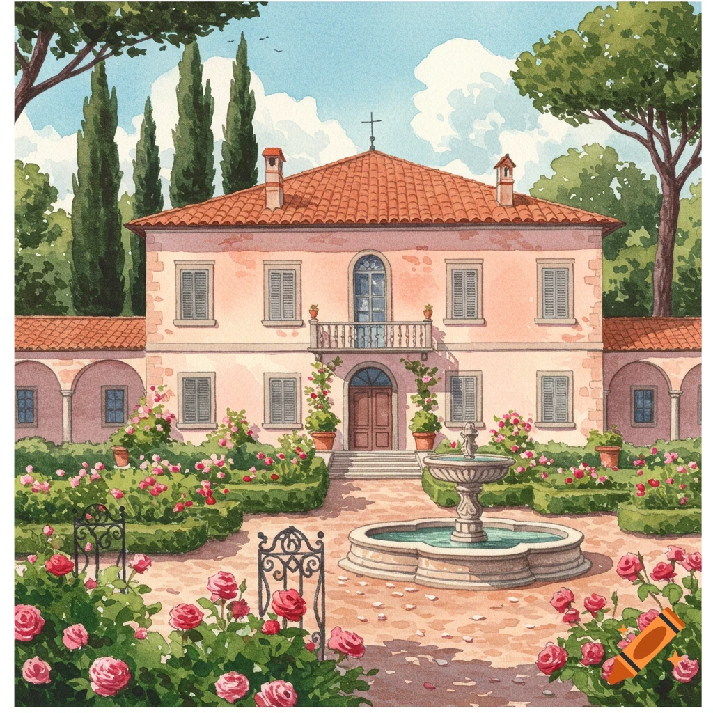 Watercolor illustration of a grand pink villa with a terracotta roof, surrounded by a lush rose garden and a central fountain.