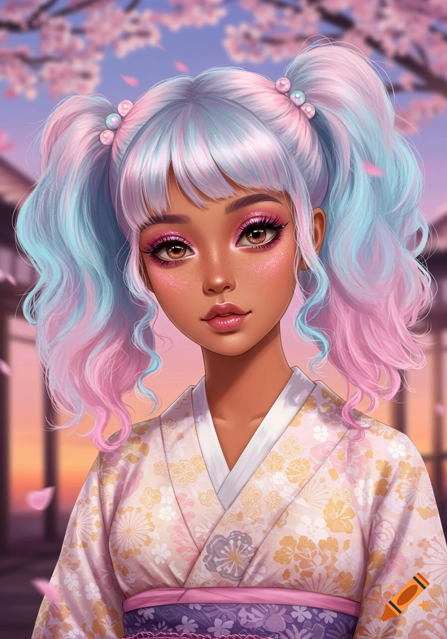 A dark-skinned anime girl with pastel pink and blue pigtails and pink eyeshadow wears a floral kimono under cherry blossoms.