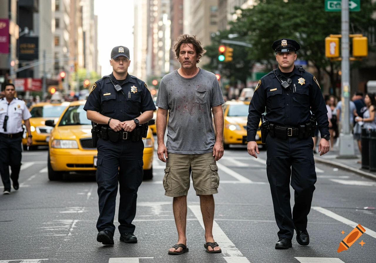 Two police officers flank a man in flip-flops and a dirty shirt on a busy city street with yellow cabs.
