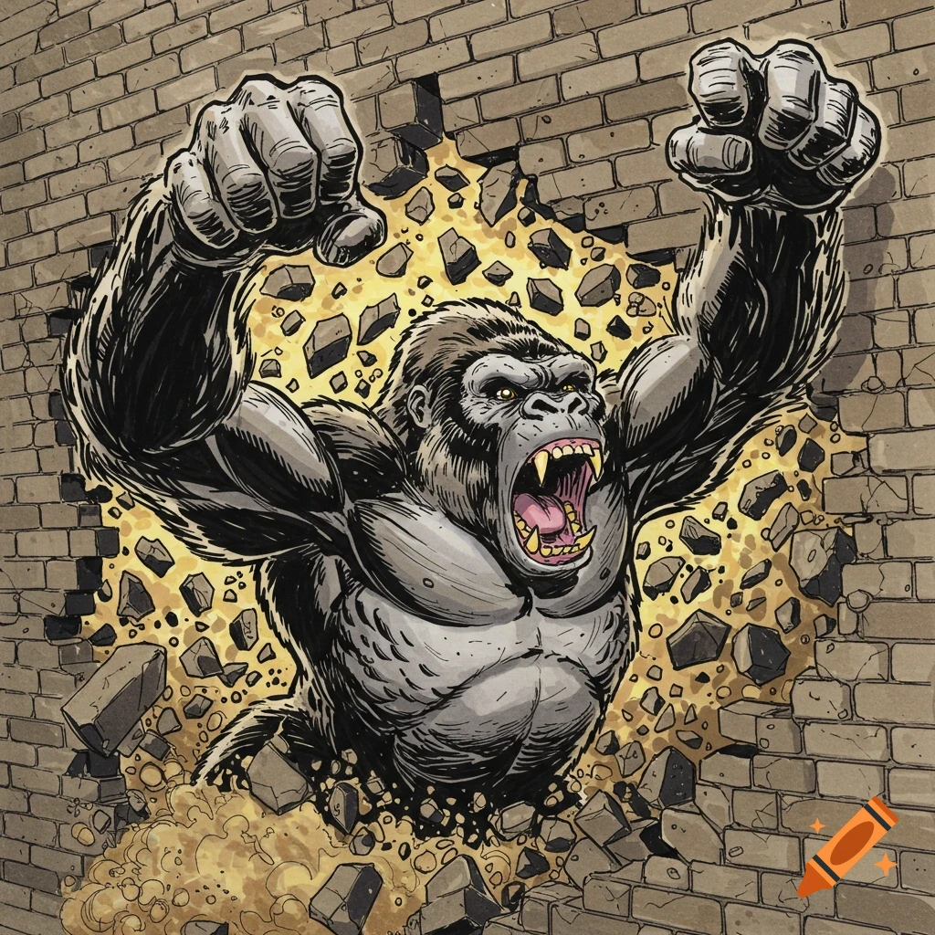 Comic art of a roaring gorilla with arms outstretched, bursting through a brick wall with debris flying.