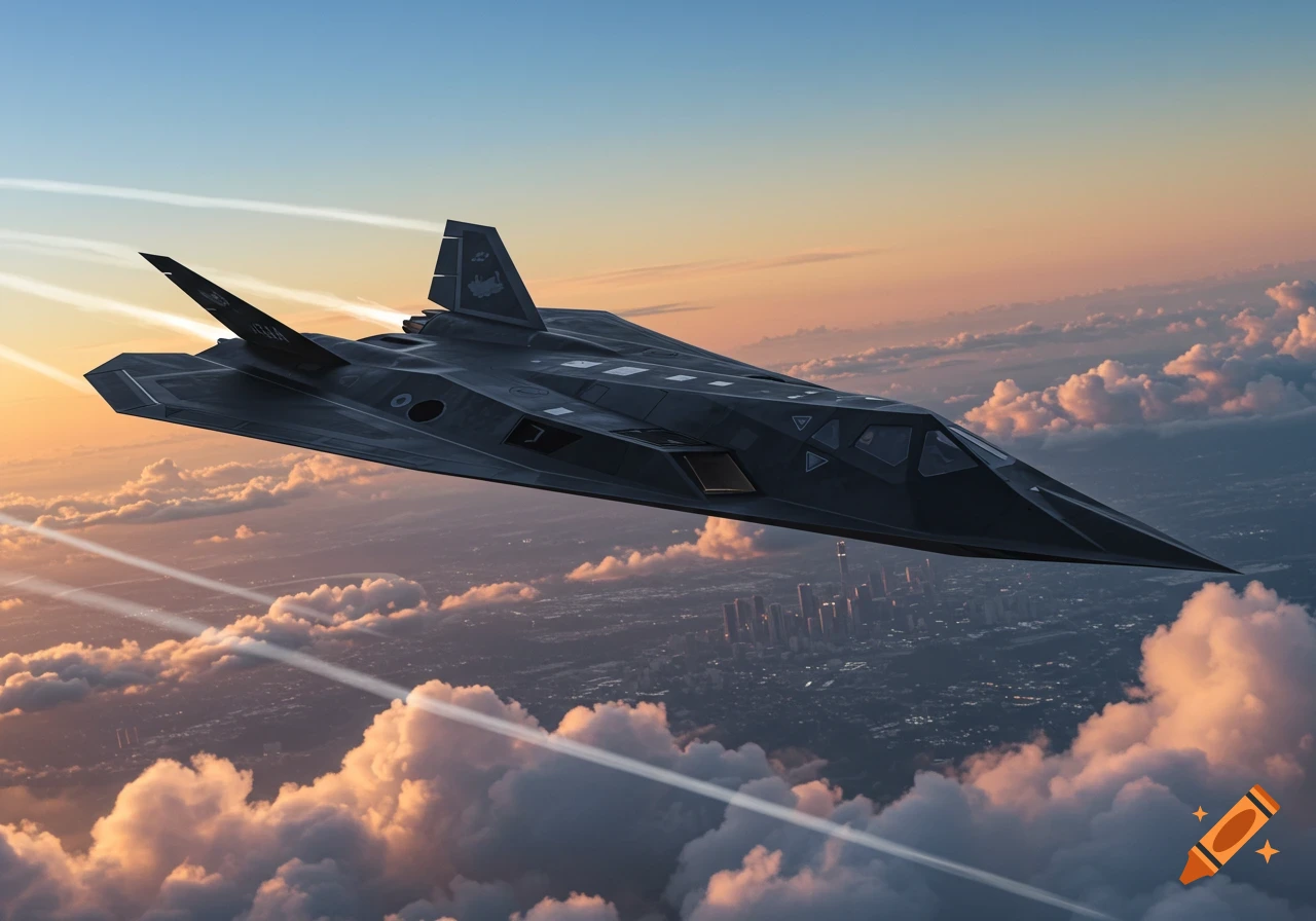 A dark stealth fighter jet flies above a city skyline, through clouds at sunset, leaving trails.