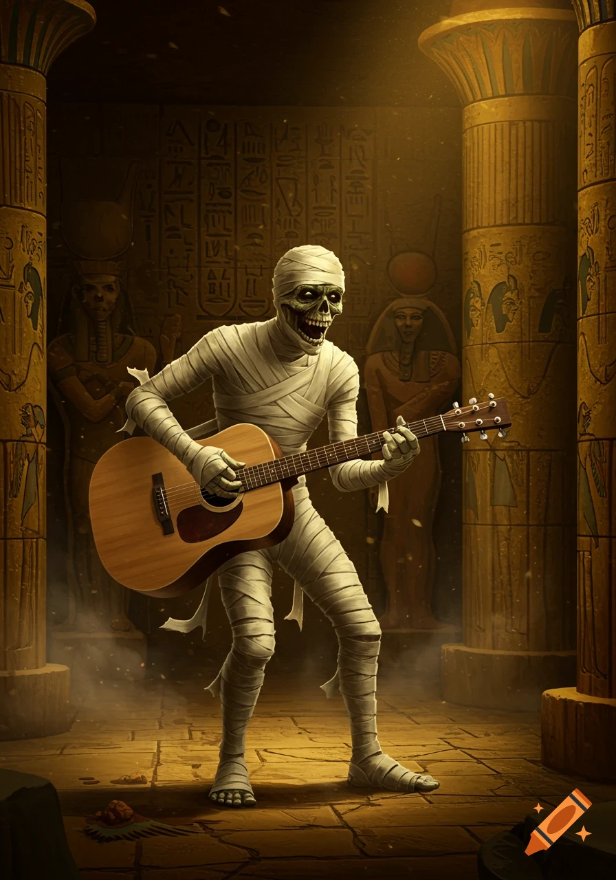 A grinning mummy wrapped in bandages plays an acoustic guitar in a dimly lit, ancient Egyptian tomb with hieroglyph-covered pillars and statues.