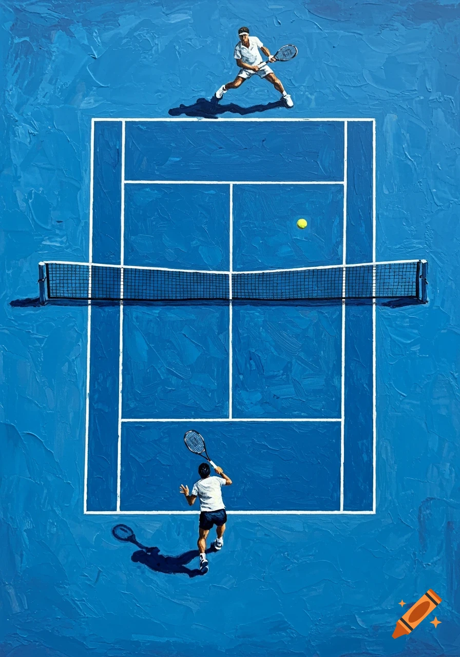 Overhead view of two tennis players on a blue court during a match, painted in an impasto oil style.