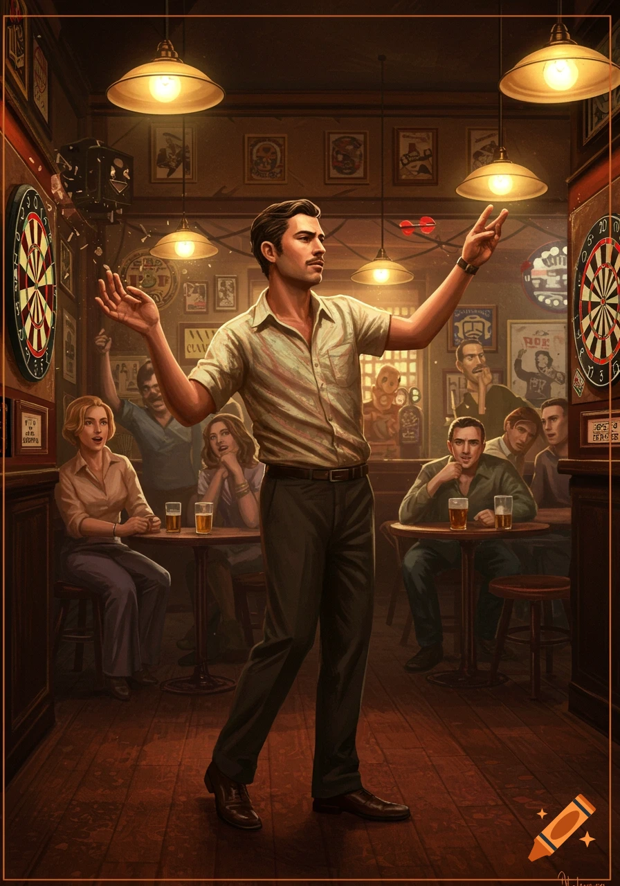 A man in a retro-style bar celebrates after throwing darts, surrounded by other patrons. Illustration.
