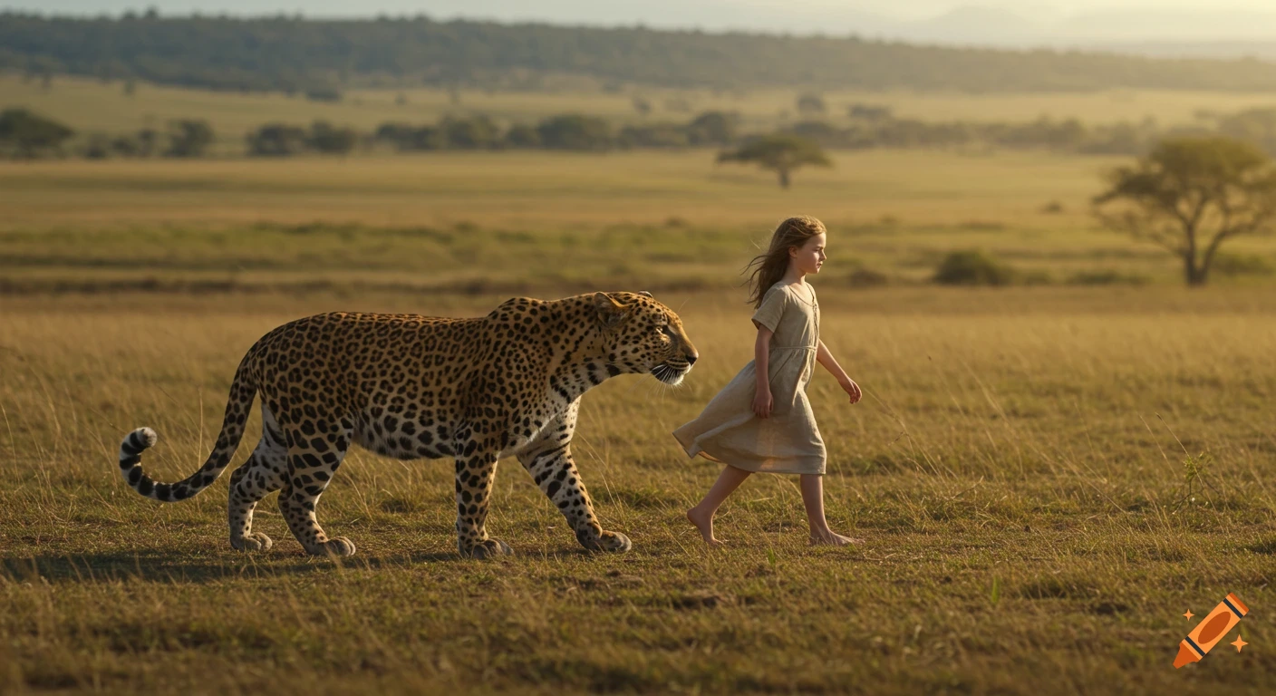 A young girl in a dress walks barefoot beside a leopard in a sunny, grassy savanna.