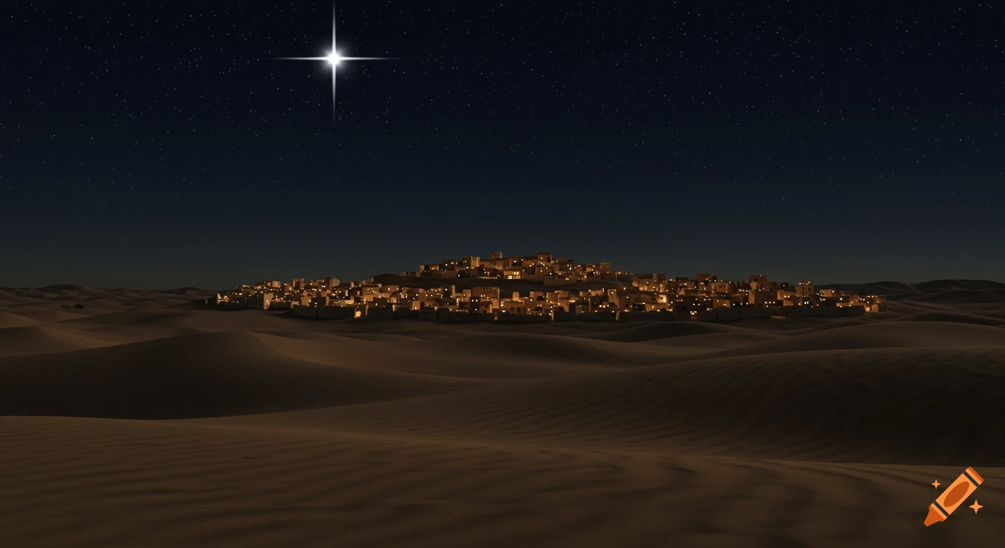 A vast desert at night with a bright star above an ancient city glowing with lights, in a Pixar 3D style.