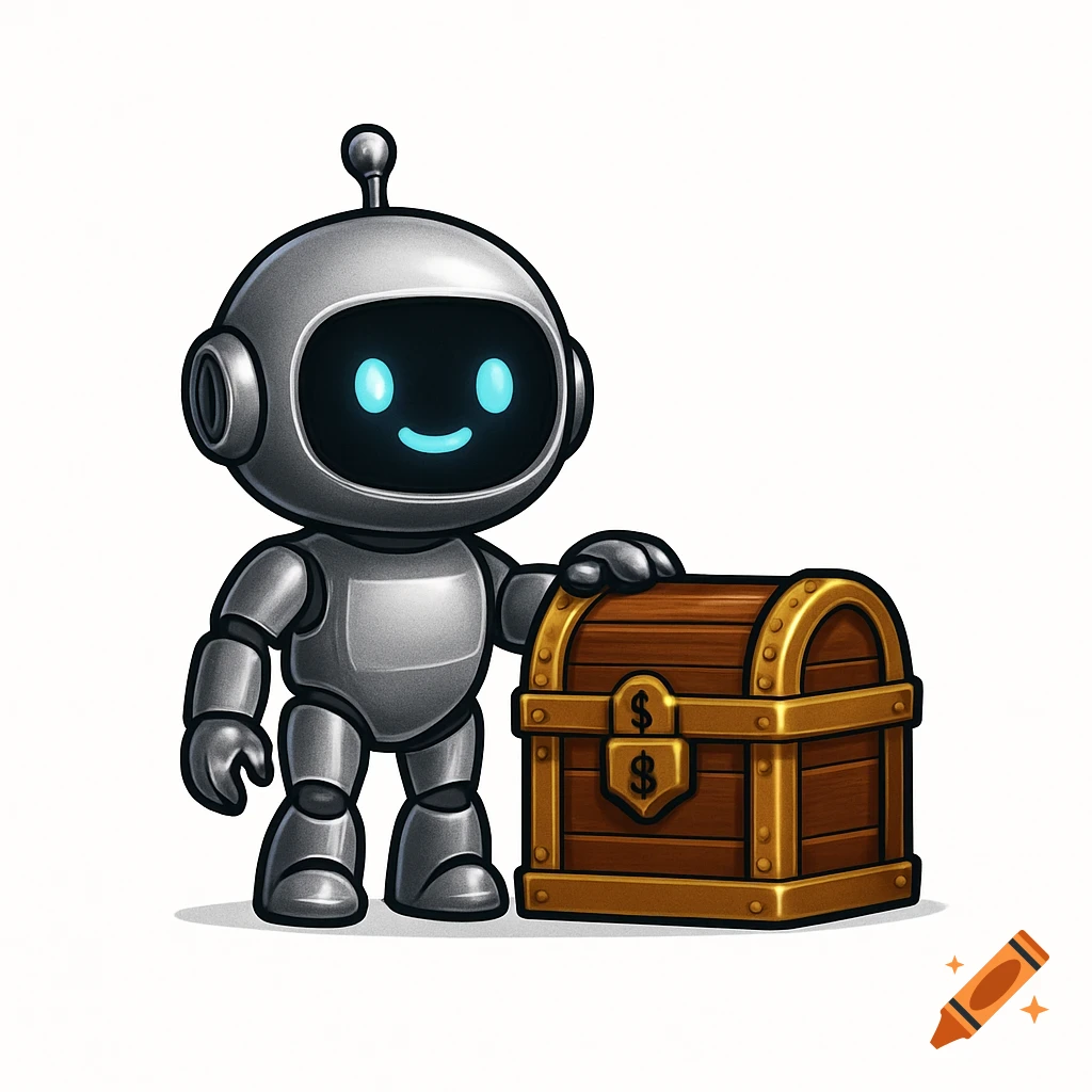 A cute, stylized gray robot with blue glowing eyes stands next to a brown and gold treasure chest featuring dollar signs.