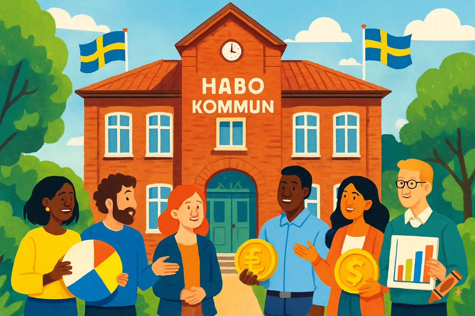A friendly, colorful illustration of the Habo municipal office building with diverse employees holding charts and coins outside under Swedish flags.