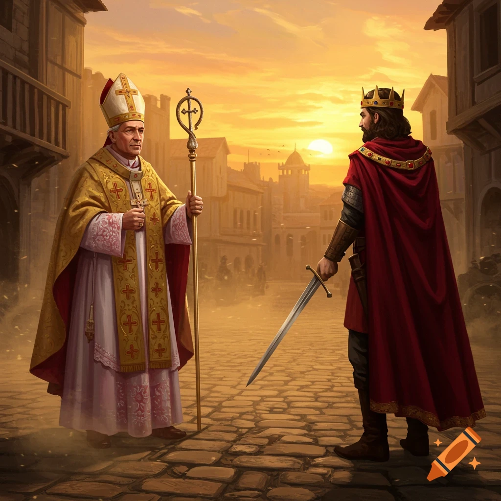 A medieval Pope and King face off dramatically on a cobblestone street at sunset, the king holding a sword.