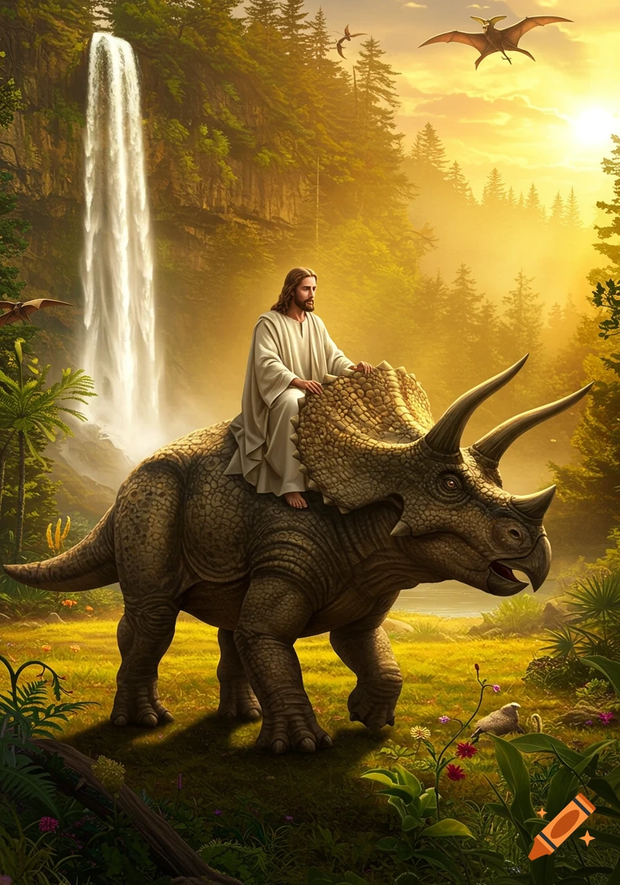 Jesus rides a Triceratops through a lush prehistoric jungle with a waterfall and flying pterodactyls under a golden sky.