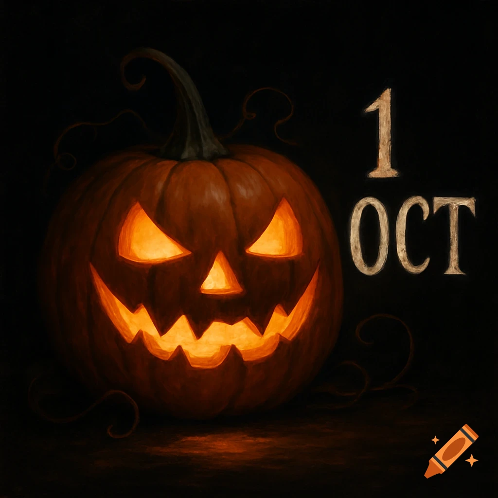 A glowing jack-o'-lantern with a spooky carved face on a dark background, showing '1 OCT' text. Digital painting.