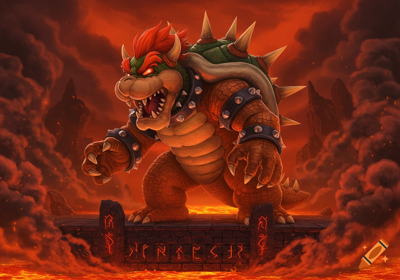 An illustration of an angry Bowser standing on a stone platform over lava, with a dark red, smoky sky in the background.