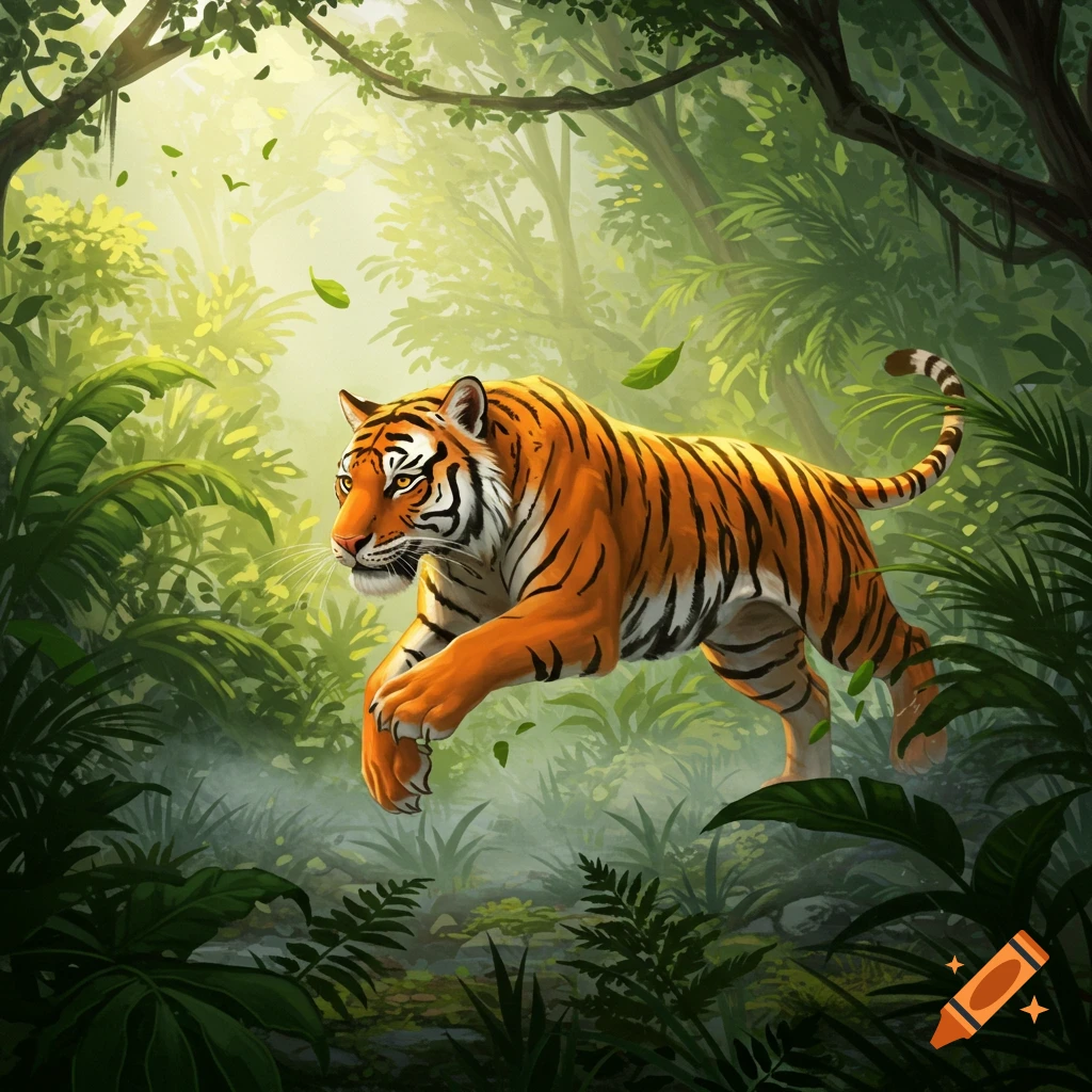An orange and black striped tiger pouncing through a lush, green jungle with sunlight filtering through the trees.