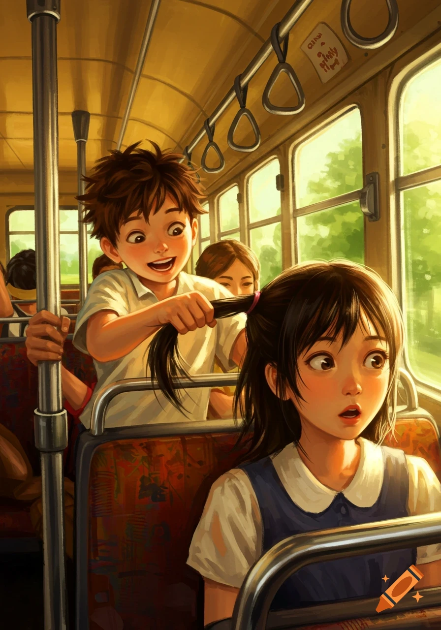 An anime-style illustration of a mischievous boy pulling a surprised girl's hair on a sunny bus.