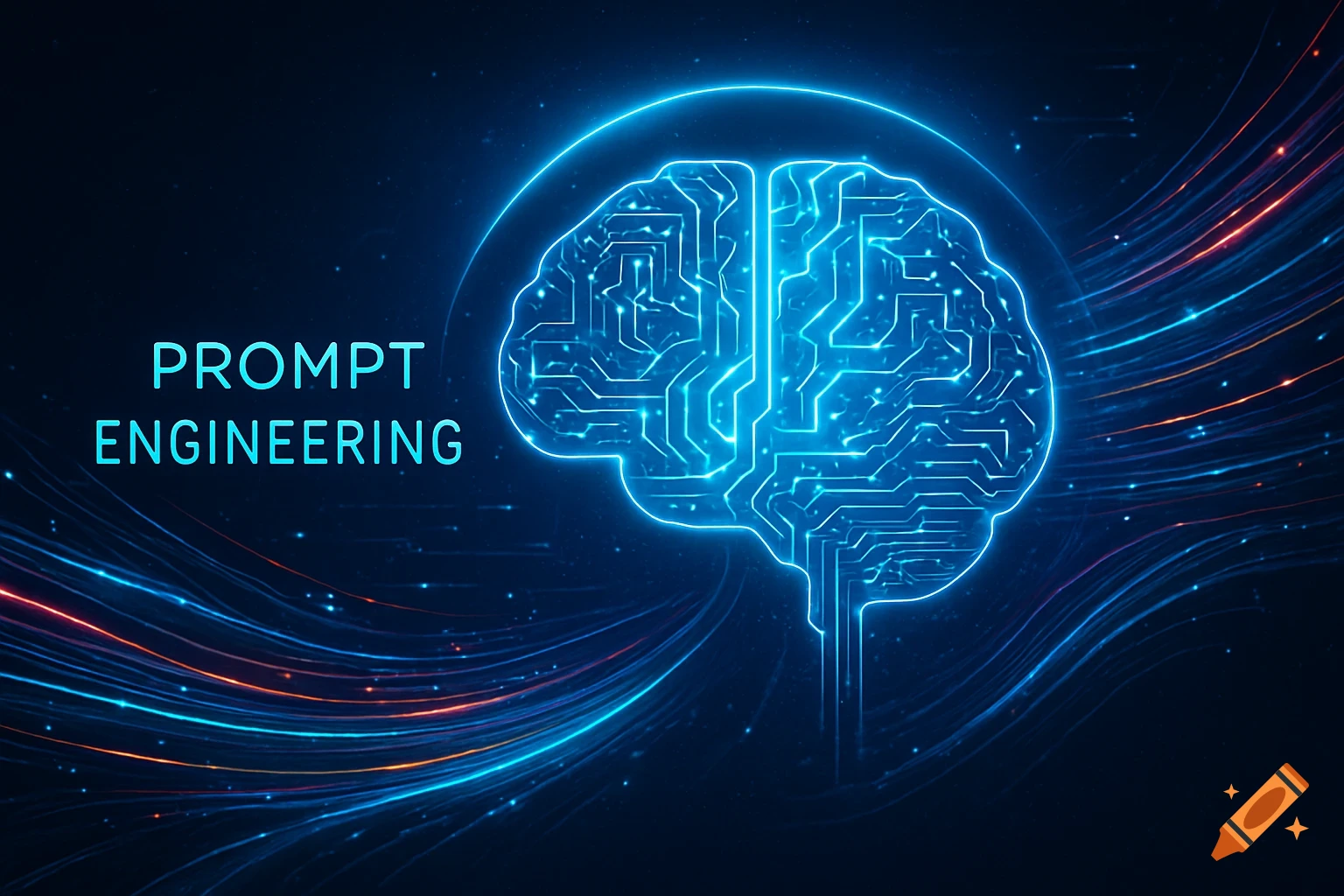 A glowing blue circuit board brain with 'PROMPT ENGINEERING' text, on a dark background with blue and orange light trails.