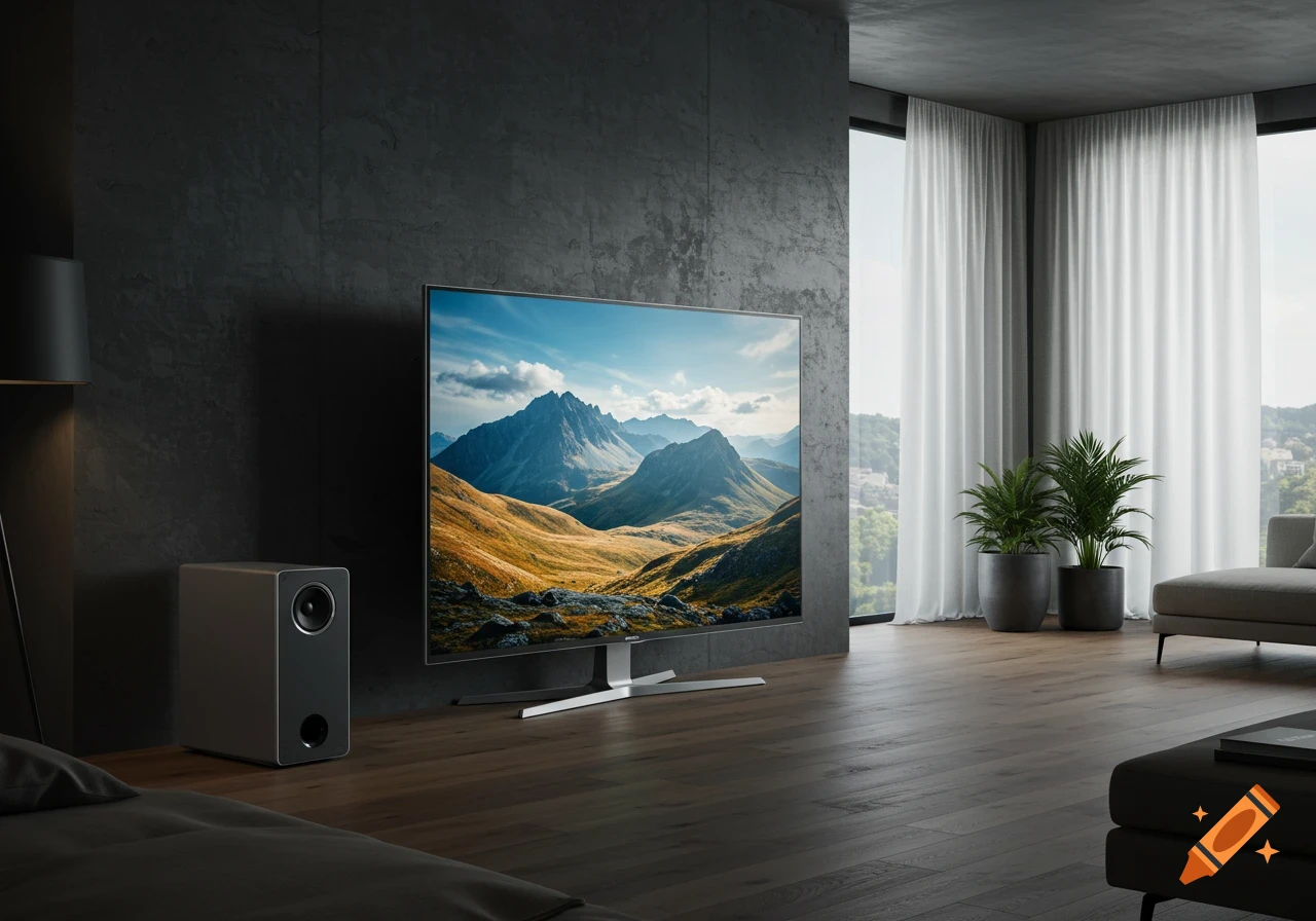 Modern living room with a large flat-screen TV showing a mountain landscape, a speaker, and green potted plants.