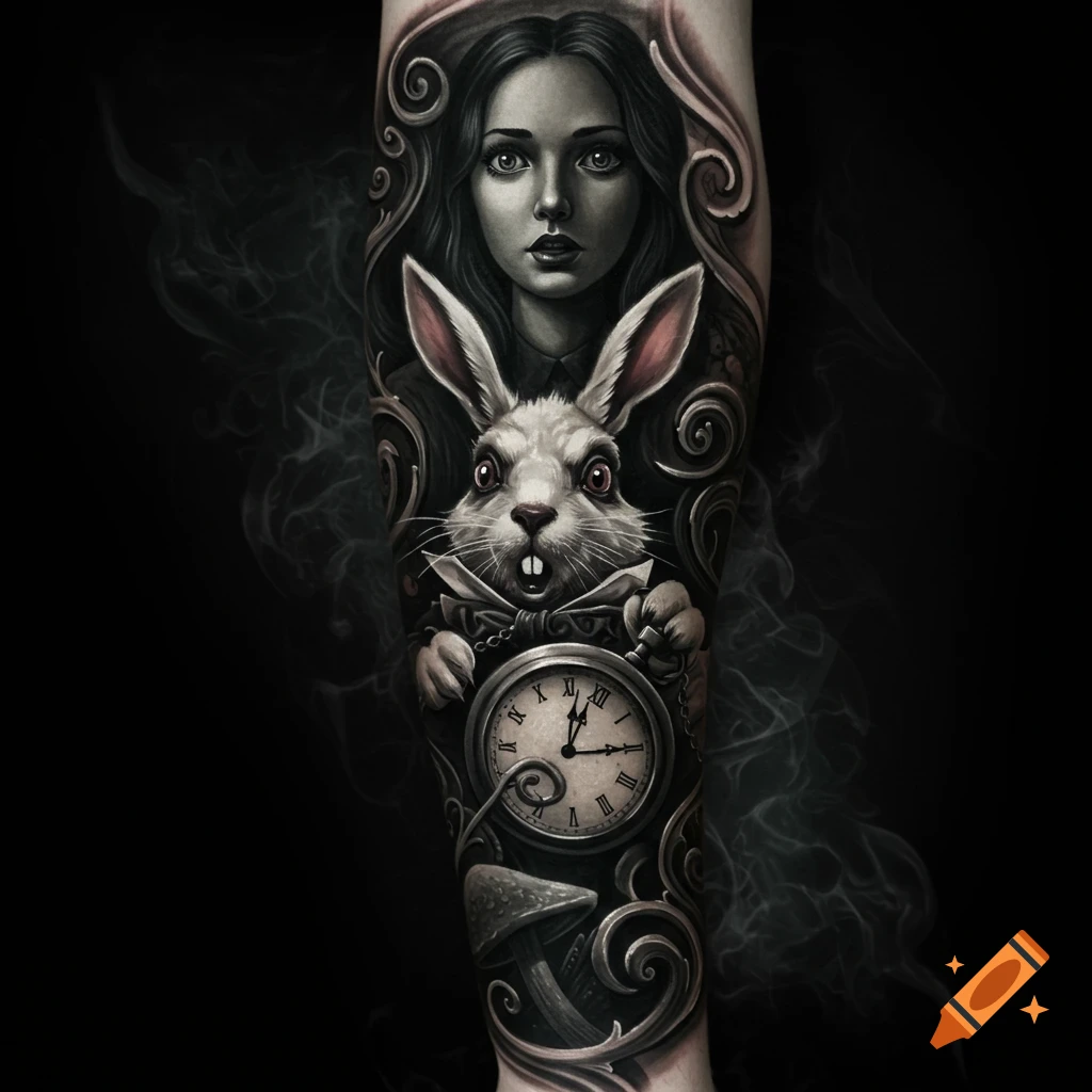 Black and white tattoo sleeve of Alice in Wonderland and the White Rabbit holding a pocket watch, with swirling patterns and a mushroom.