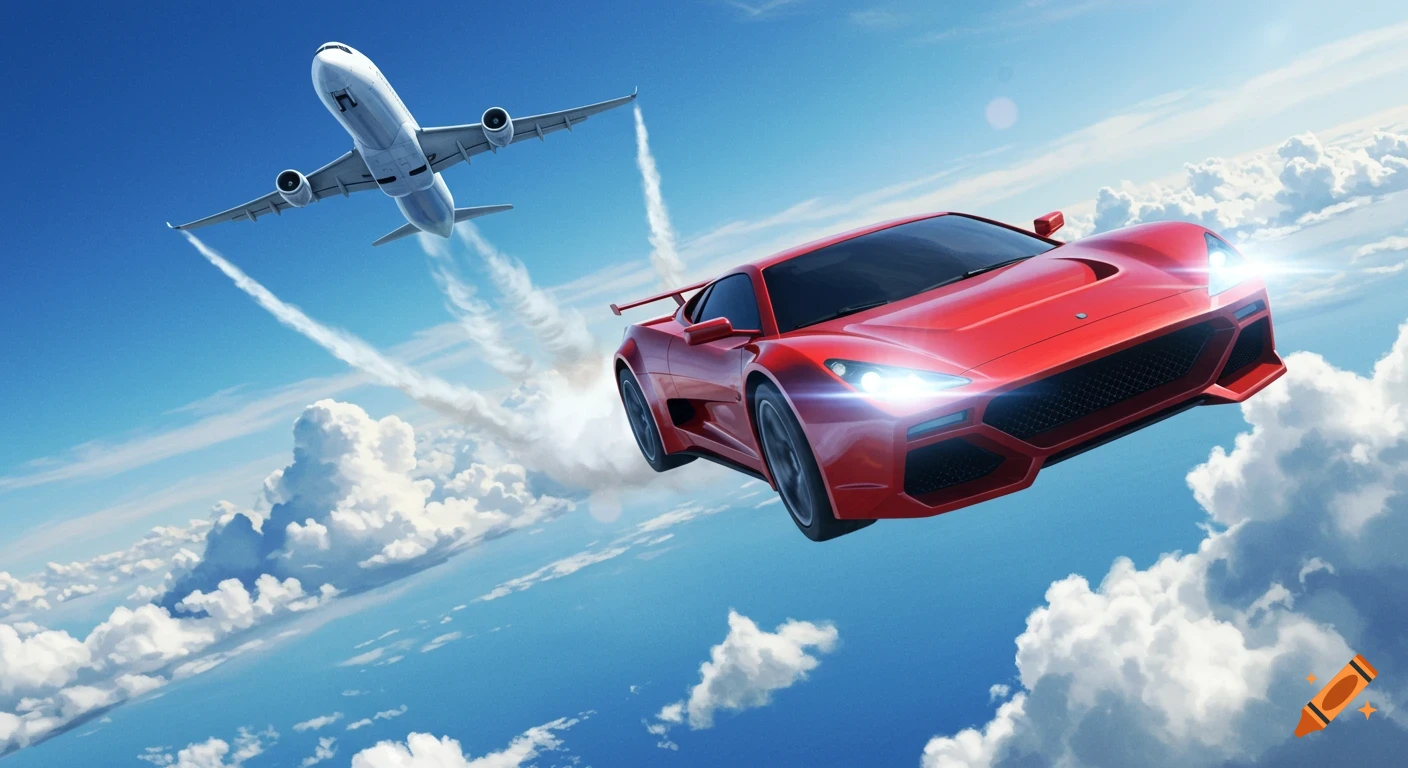A red sports car flies in a bright blue sky next to a white airplane, both leaving contrails amidst white clouds.