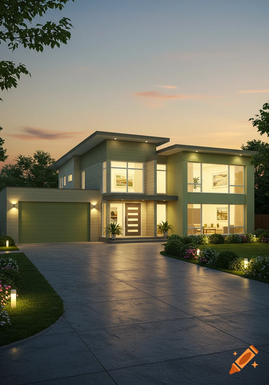 A modern house with large windows and an attached garage at dusk, with illuminated landscaping.