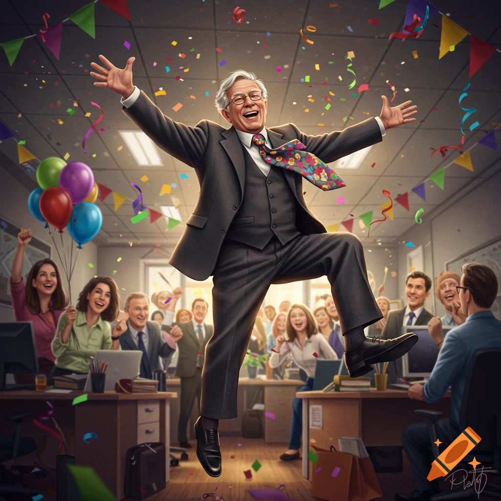 A jubilant old man in a suit jumps with arms outstretched amidst falling confetti in a lively office filled with cheering colleagues and balloons.
