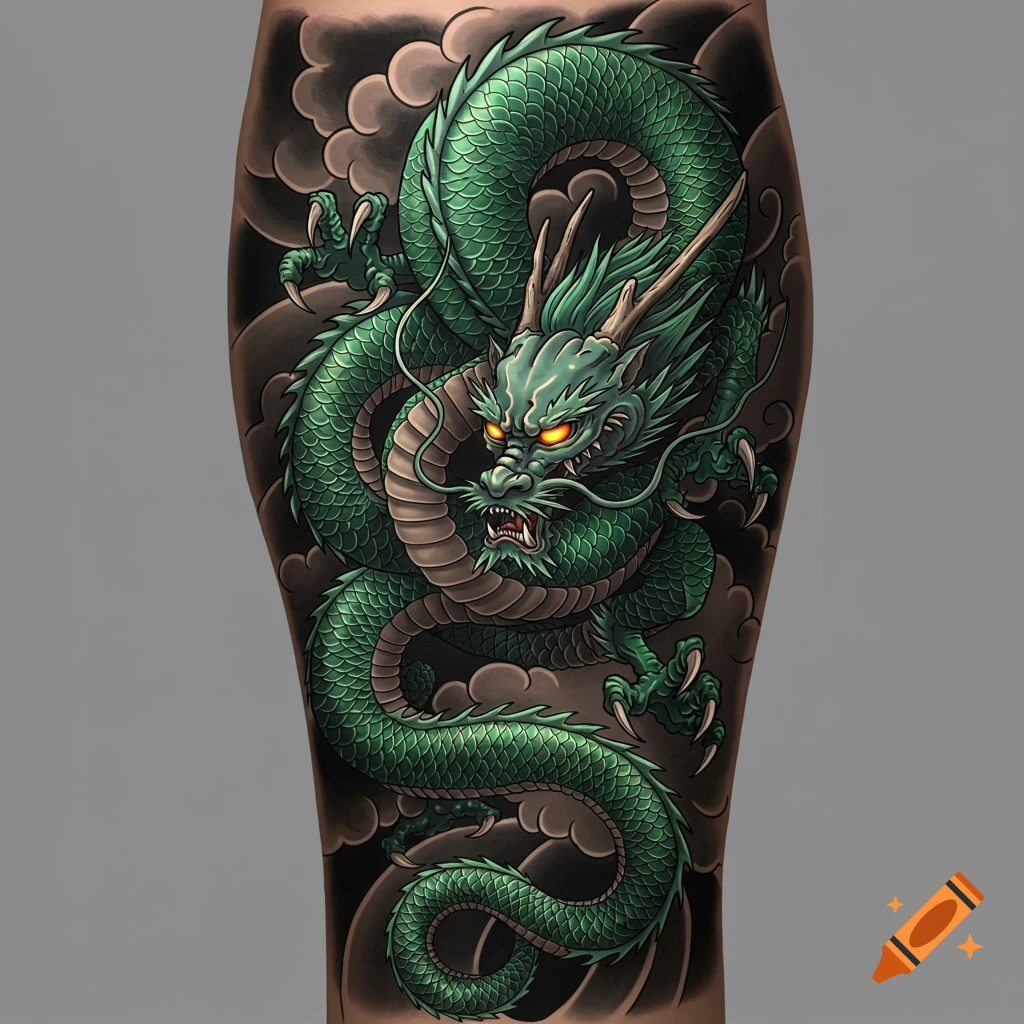 A vibrant green dragon tattoo with glowing orange eyes and sharp claws, surrounded by dark clouds, on a limb.