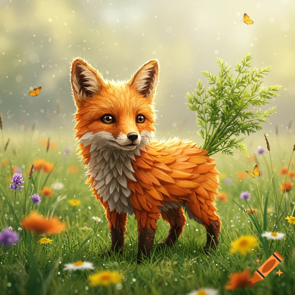A whimsical baby fox with fur made of carrot slices and a carrot-leaf tail stands in a lush green meadow with wildflowers and butterflies.