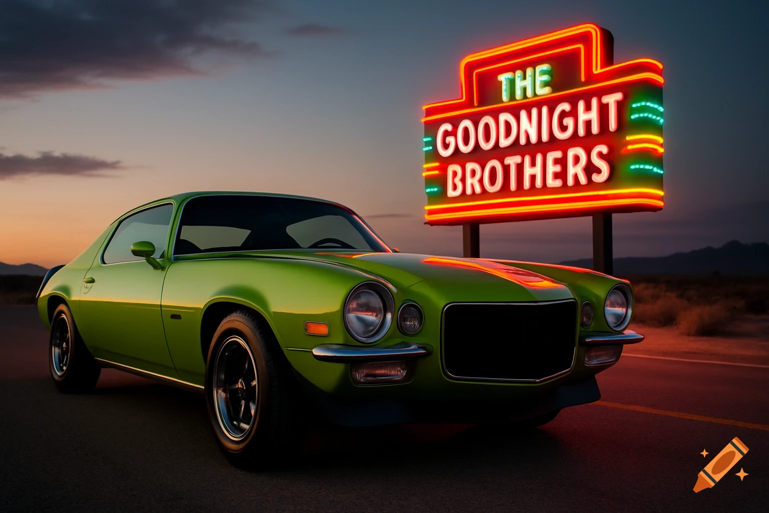 A bright green 1973 Chevrolet Camaro on a desert road at dusk, with a glowing neon sign reading 'THE GOODNIGHT BROTHERS' behind it.