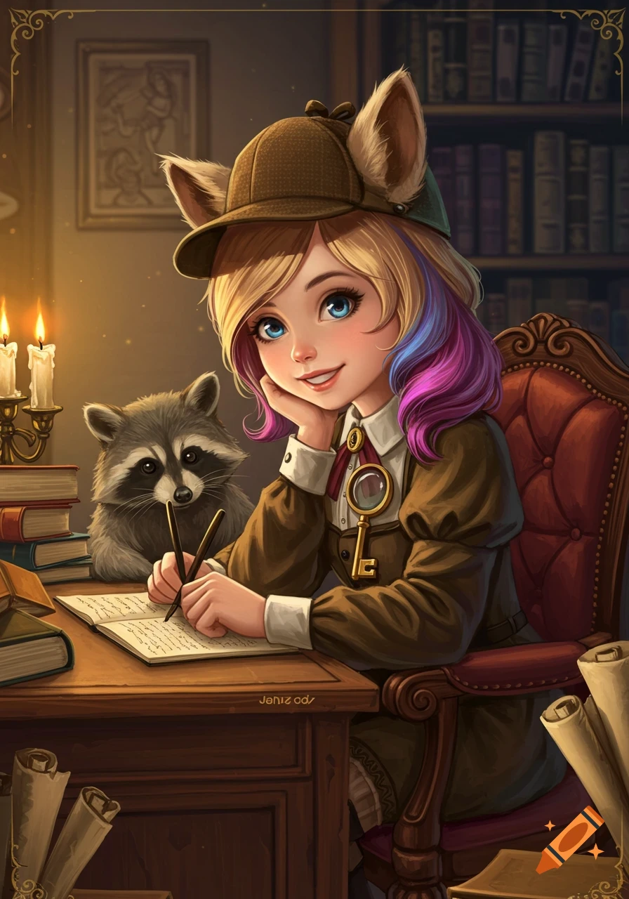 A whimsical illustration of a blonde girl with raccoon ears, a detective hat, and purple highlights writing in a book, with a raccoon companion beside her in a cozy study.