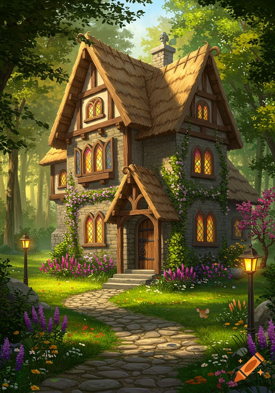 Vibrant illustration of a fairytale stone house with a thatched roof, glowing windows, and a path through a lush, flower-filled forest.