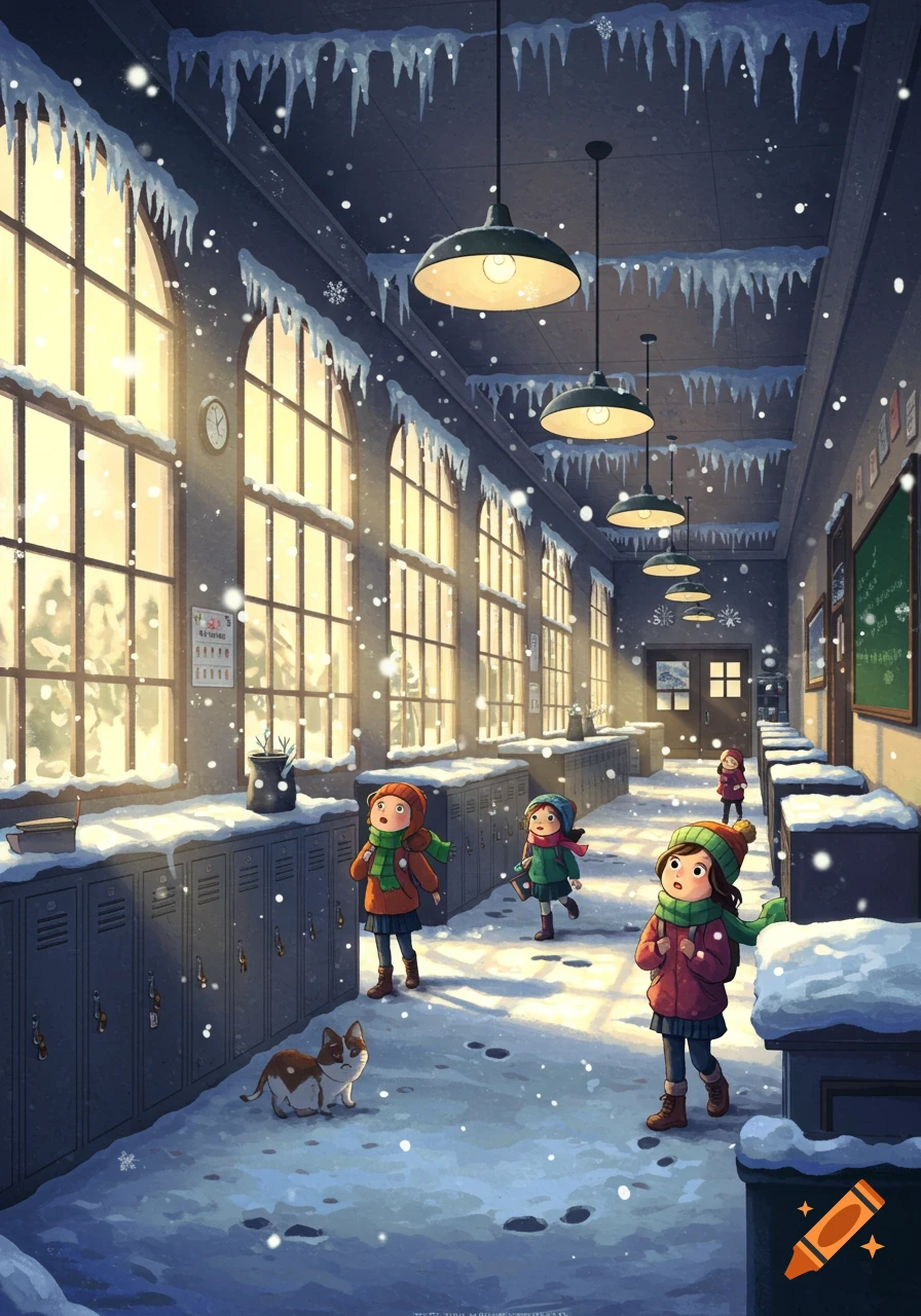 Colorful illustration of children and a cat in a snowy school hallway with large windows and icicles.