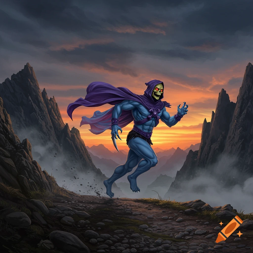 Skeletor, a blue-skinned villain with a skull face and purple cape, runs along a rocky mountain trail at sunset.