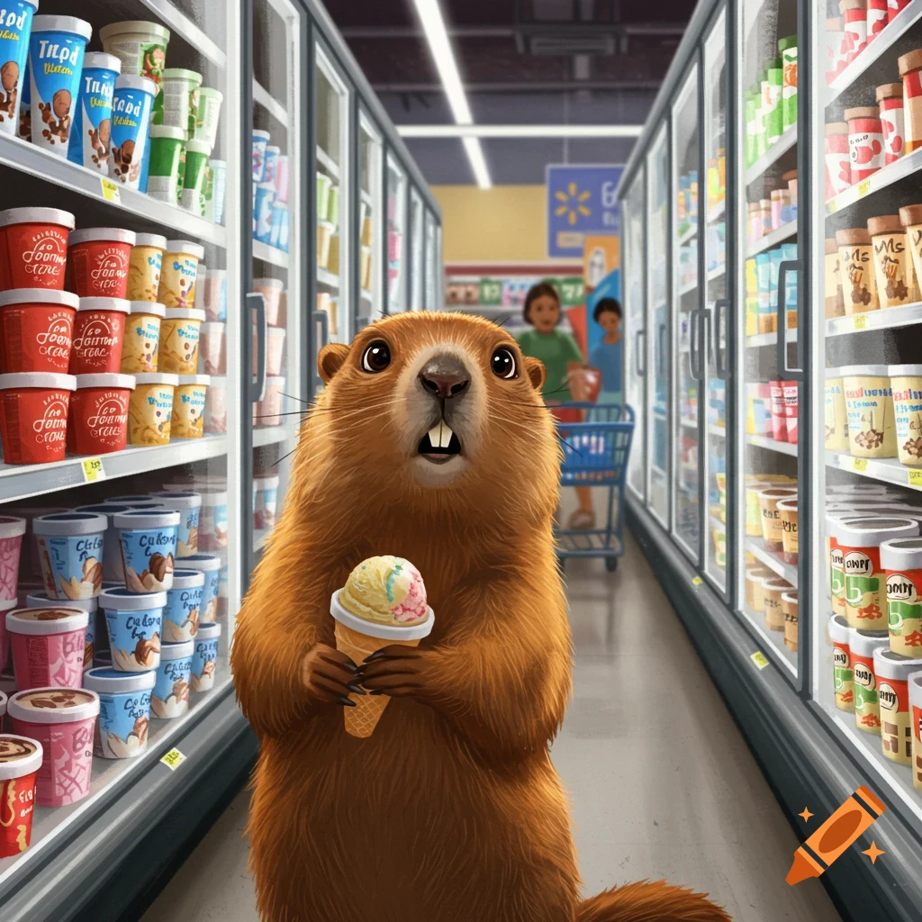 A cartoonish beaver-like creature holds an ice cream cone in a brightly lit supermarket aisle filled with freezer shelves.