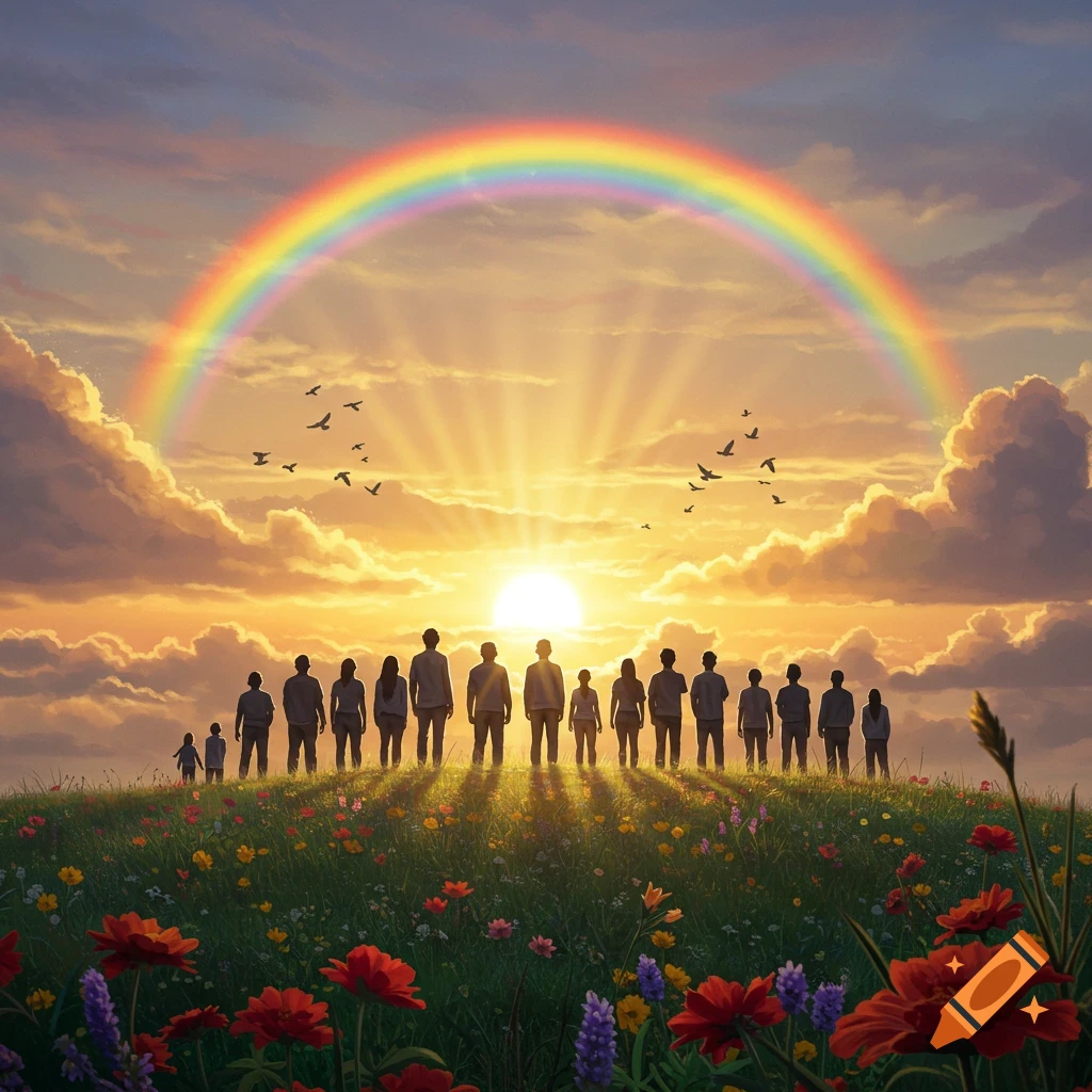 A group of people stand silhouetted on a flowery hill, facing a brilliant sunset with a large rainbow arching across the sky.