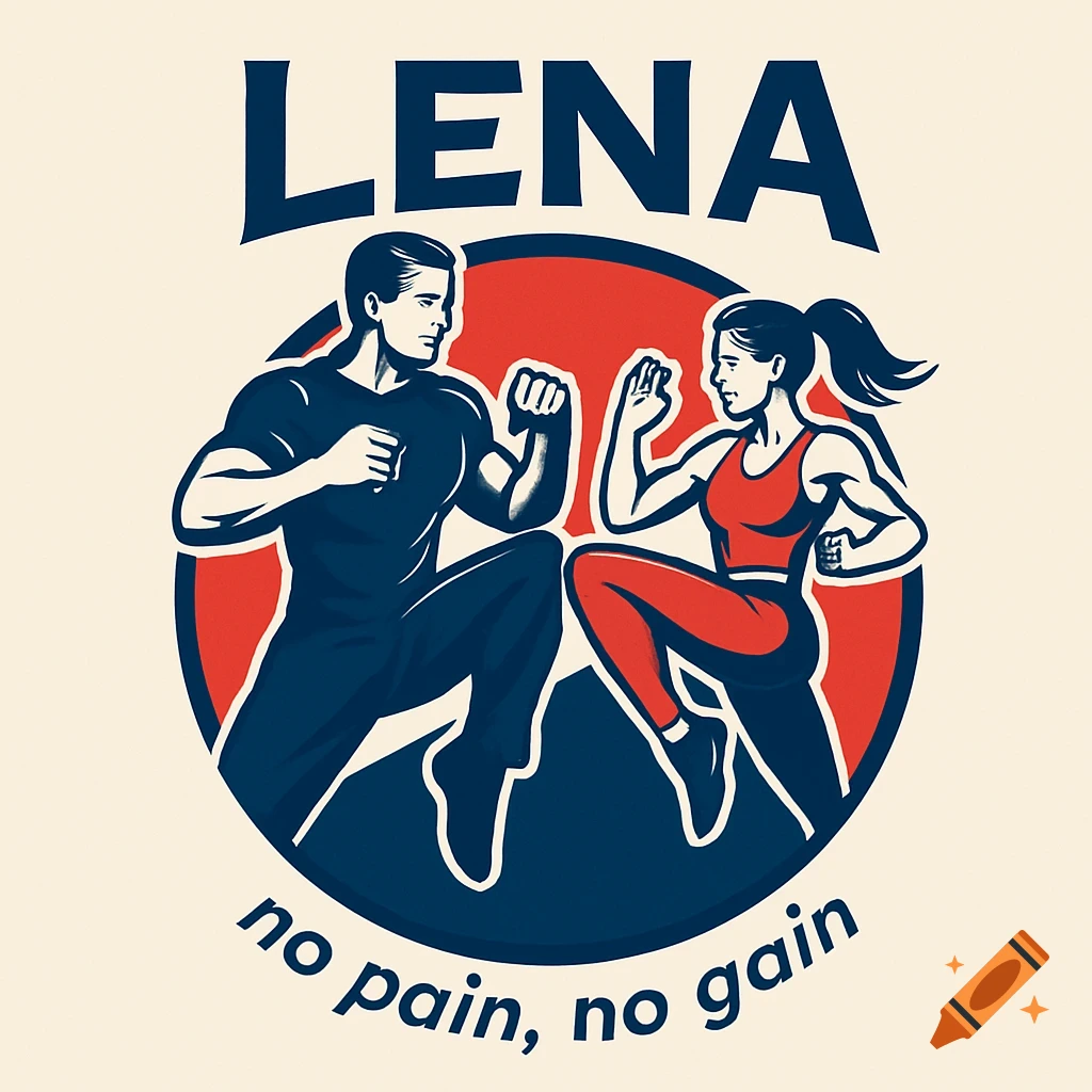 Graphic logo for LENA sportswear featuring a man and woman in dynamic martial arts poses against a red circle, with 'no pain, no gain' below.