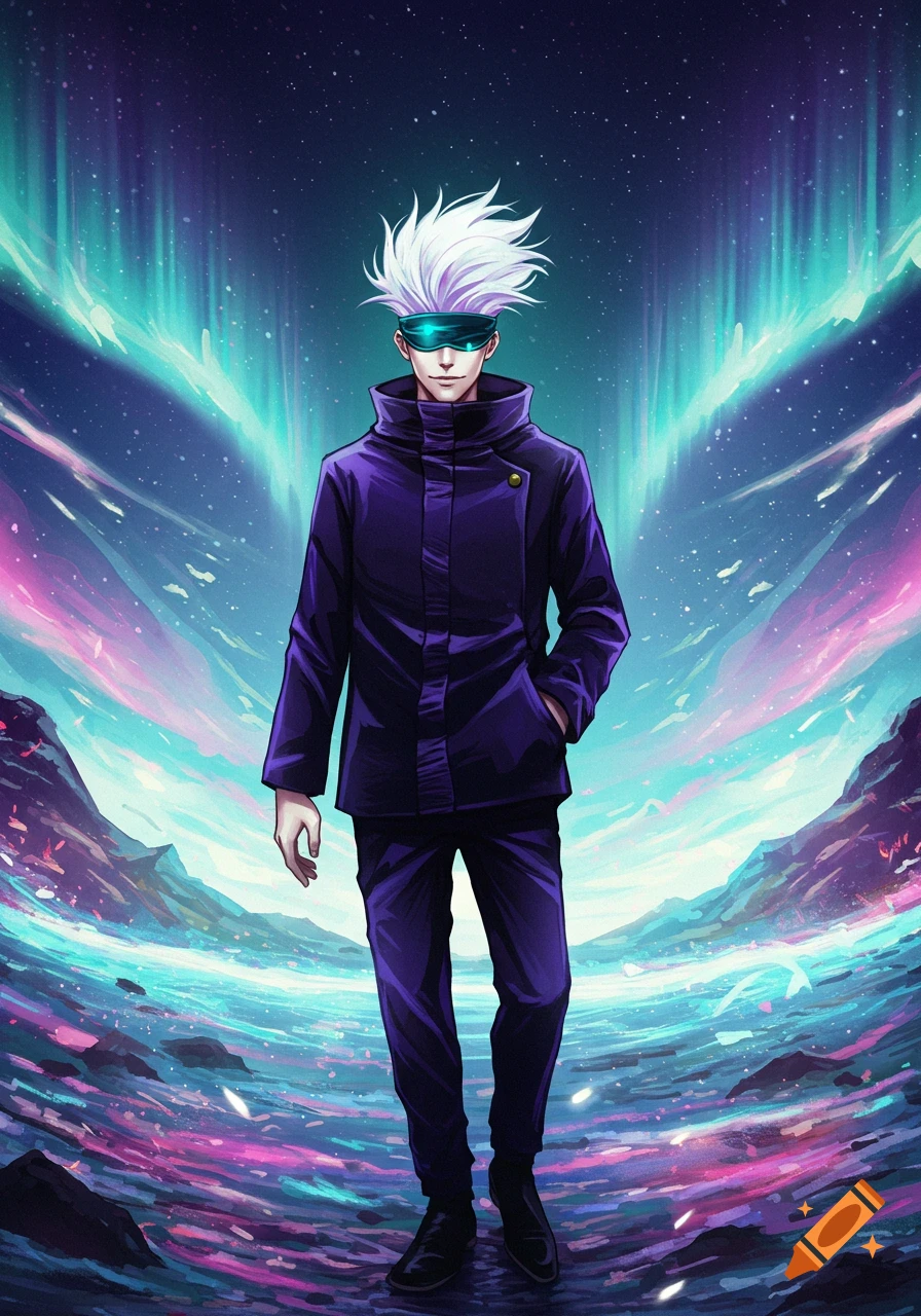 Anime character Gojo Satoru with white spiky hair and a purple jacket walks through a vibrant, cosmic landscape with aurora lights.