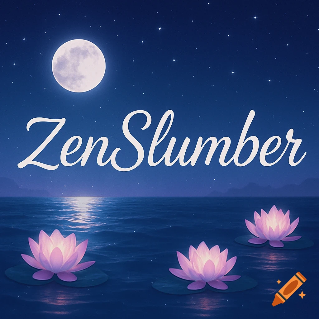 Serene night scene with a full moon, water reflection, three glowing pink lotus flowers, and 'Zen Slumber' text.
