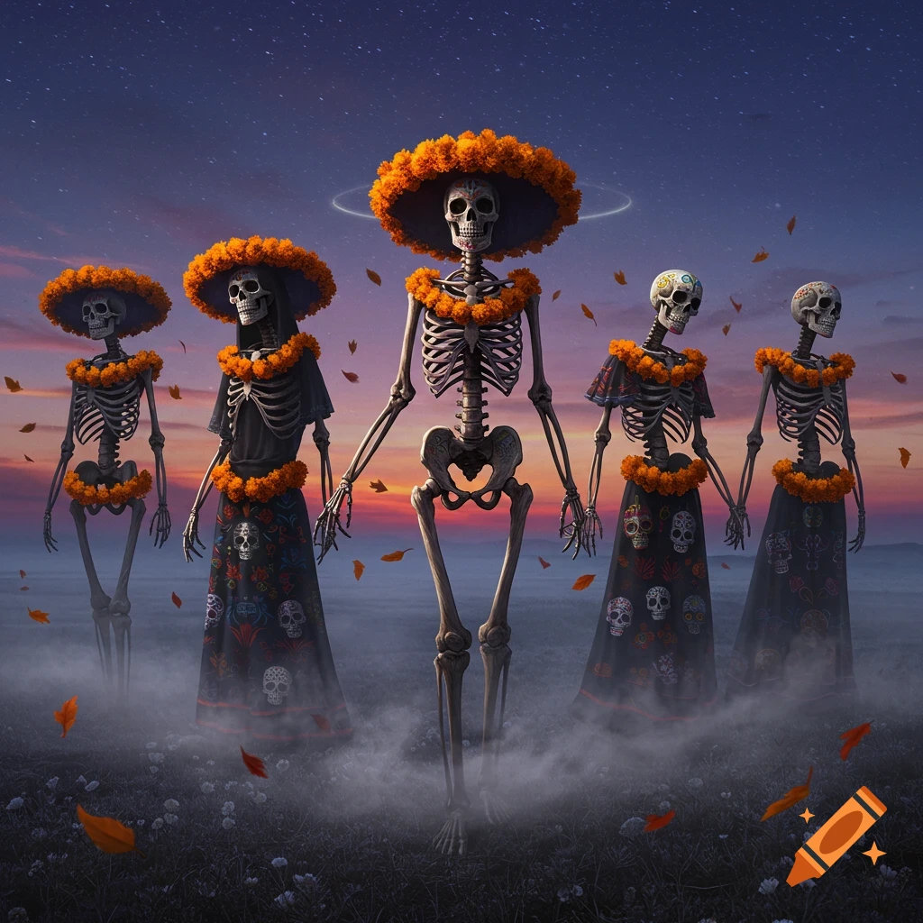 Five ornate skeletons wearing marigold hats and garlands, some in skull-patterned dresses, stand in a misty field at dusk under a starry sky.