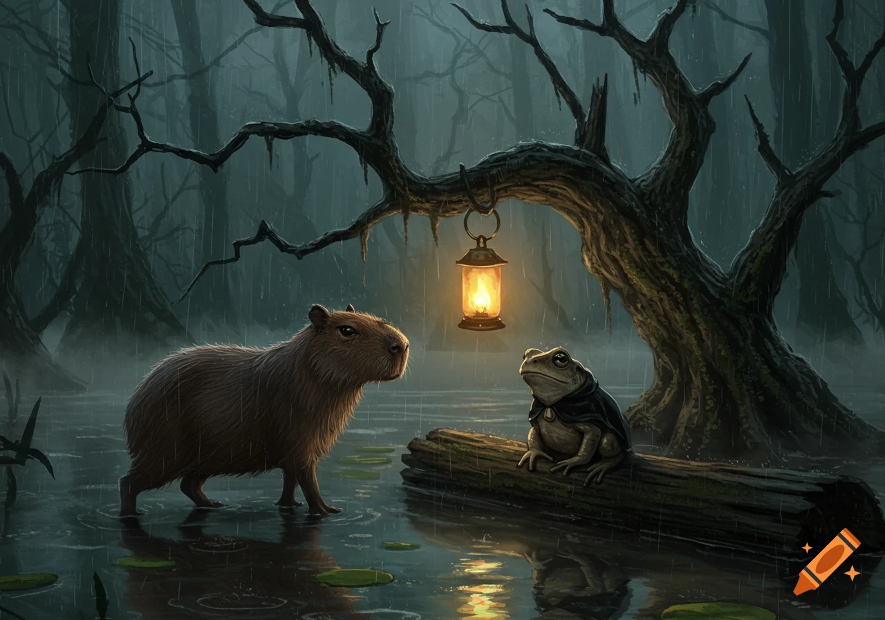 A capybara looks at a cloaked frog sitting on a log under a glowing lantern in a dark, rainy fantasy swamp.