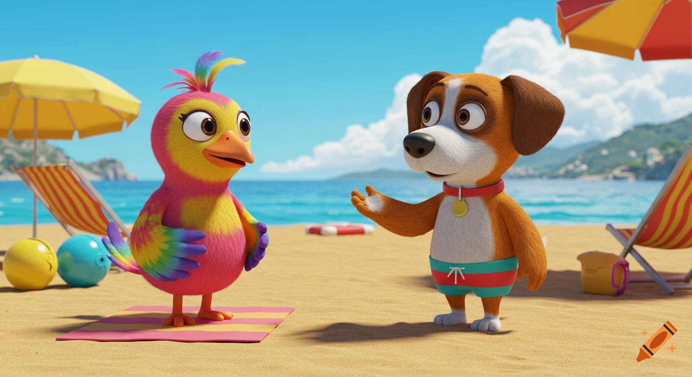 A colorful cartoon bird and a brown and white cartoon dog talk on a sunny beach with umbrellas and the ocean in the background.