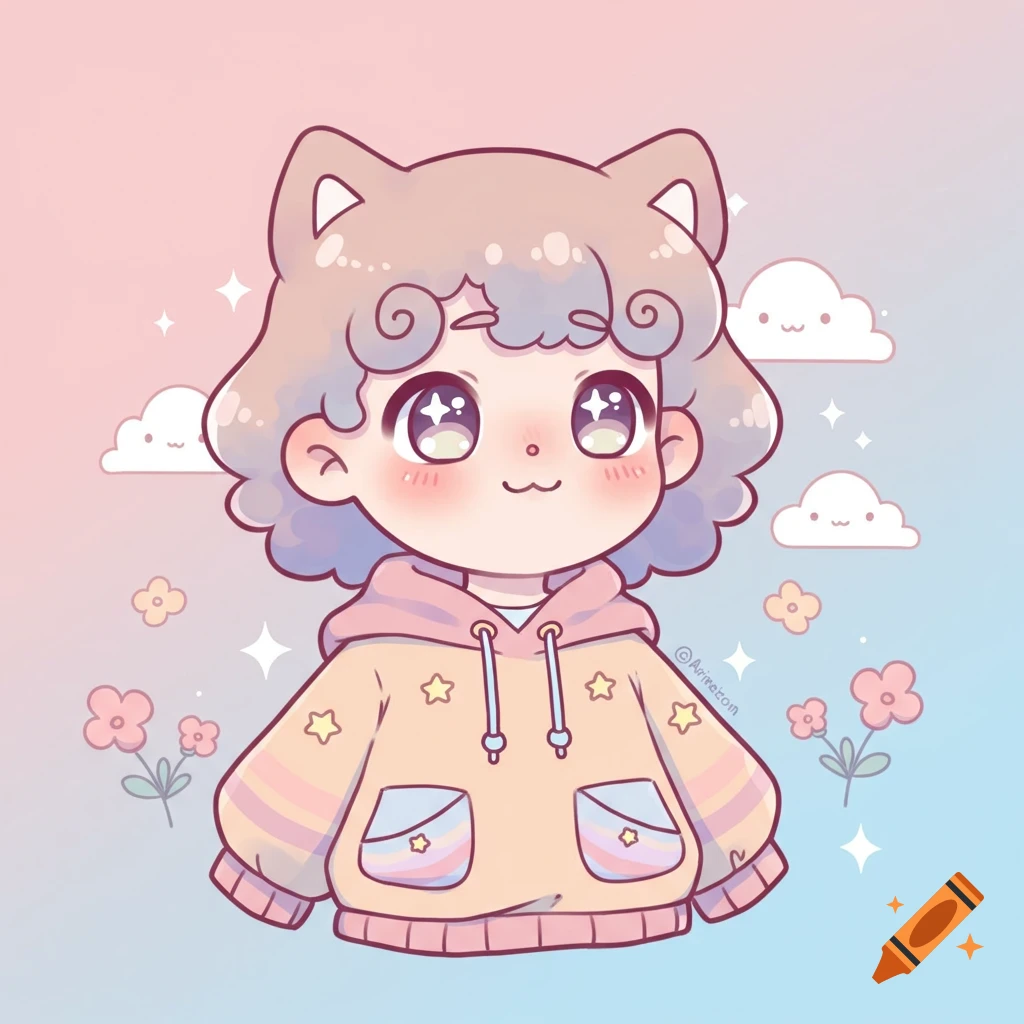 A kawaii anime character with cat ears, curly hair, and large sparkling eyes, wearing a pastel hoodie with stars and stripes, against a soft pink and blue cloudy background.