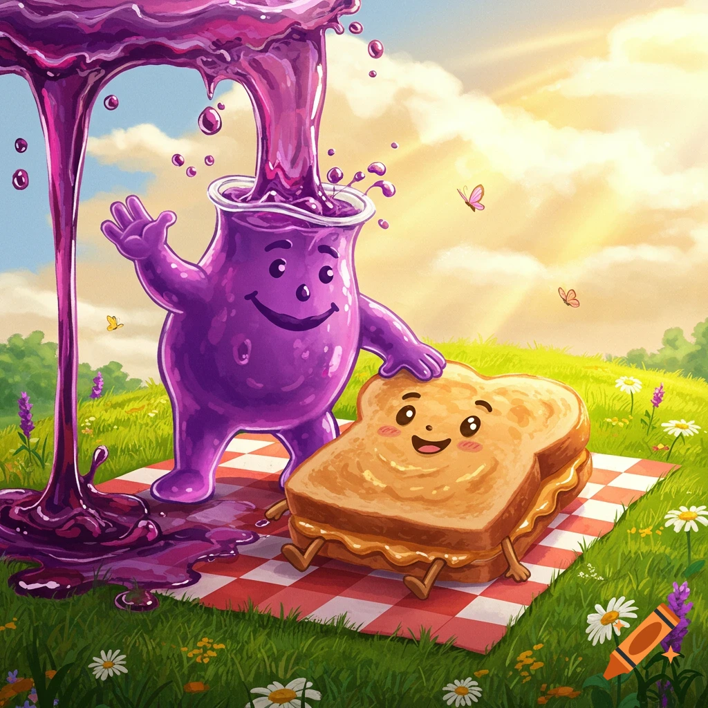 A cartoon purple drink pitcher pours grape jelly on a smiling peanut butter sandwich on a picnic blanket in a sunny field.
