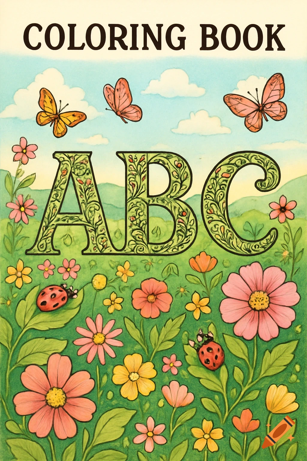 A watercolor coloring book cover featuring 'COLORING BOOK' text and large ornate 'ABC' letters, surrounded by butterflies, flowers, and ladybugs.