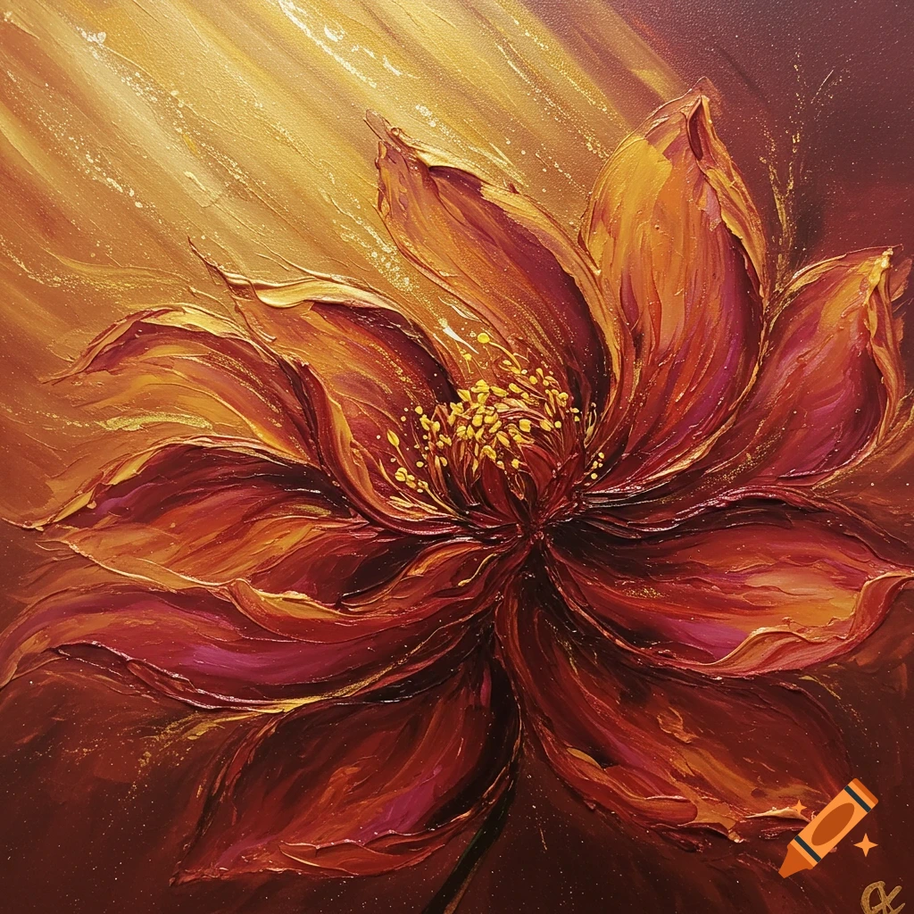 Abstract painting of a vibrant red and gold flower blooming, with rich textures and brushstrokes.