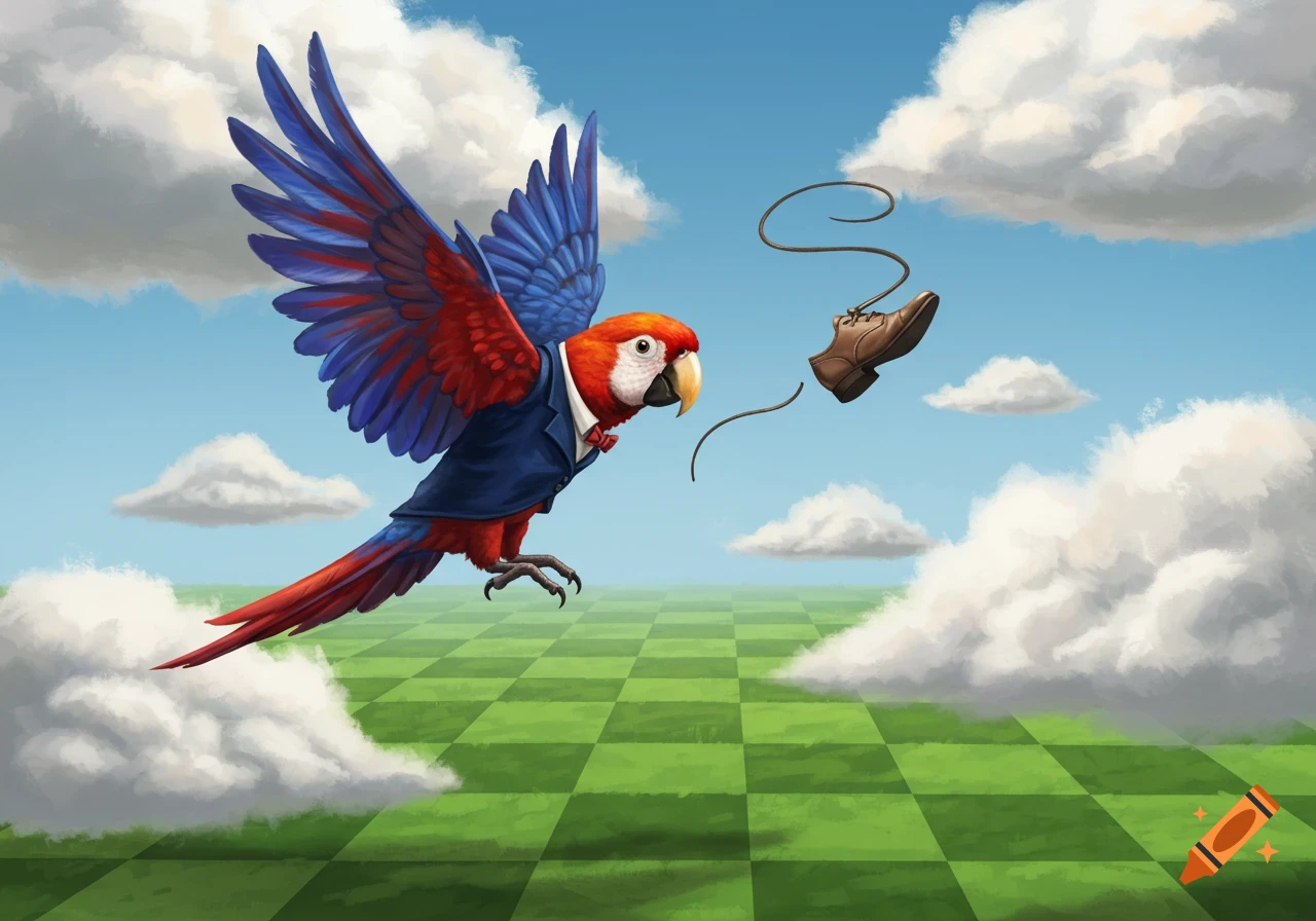 A red and blue macaw in a blue suit and bow tie flies, losing a brown shoe, over a green checkered field under a blue sky with clouds.