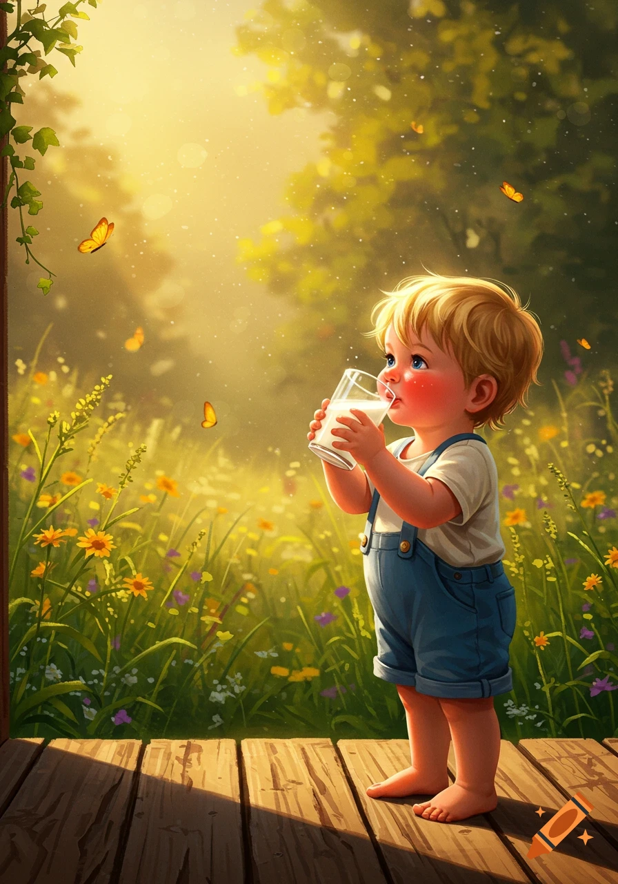 A fair-haired toddler in overalls drinks a glass of milk on a sunny wooden deck, surrounded by wildflowers and butterflies.
